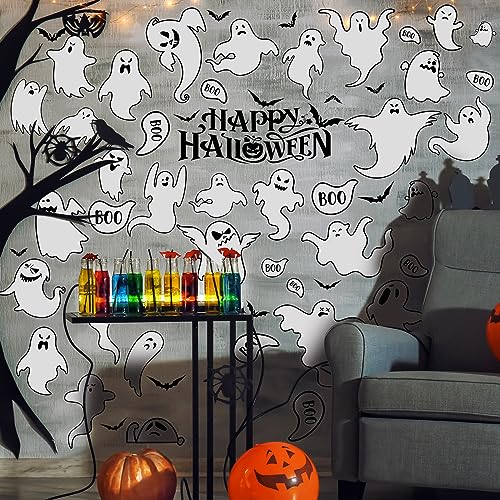61 Pcs Halloween Ghosts Wall Stickers Decals Halloween Ghost Decorations for Home Room Windows Clings Fireplace Ceiling Kitchen Bedroom Decor Party Supplies