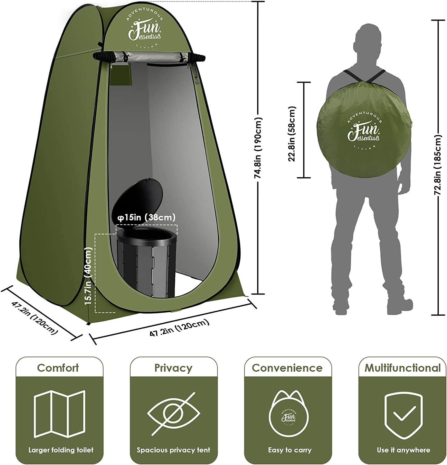 FUN ESSENTIALS Portable Toilet Kit Adults, Pop Up Privacy Tent, X Large Camping Folding Toilet, 12 bags, 12 pack Liquid Waste Gel, Washable Foldable For Travel,RV, Outdoor