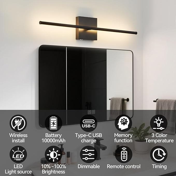 Battery Operated Wall Sconces Set of 2, Wall Sconce with Remote Control, 26.7 Inch 3000K-6000K Dimmable Wireless Rechargeable Sconce,Wall Lights for Bedroom, Living Room, Hallway(Black)