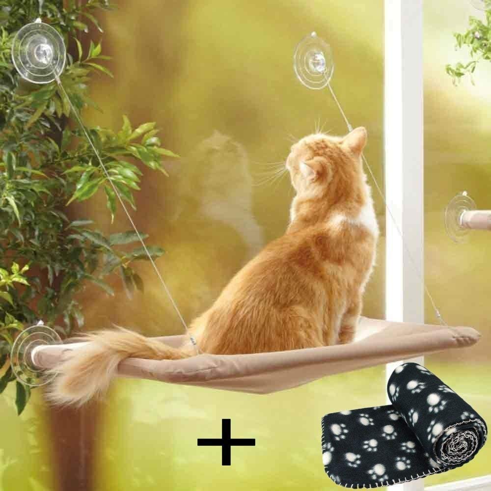 JZK Cat Window Hammock + Blanket, Suction Cup Pet Hanging Bed, Black Blanket for Cat Perch