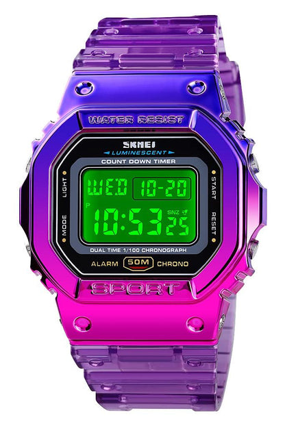 FANMIS Mens Military Multifunction Digital Watches 50M Water Resistant Electronic 7 Color LED Backlight Black Sports Watch (Y Purple)