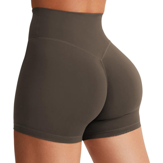 YEOREO Women's Biker Shorts 4.5" / 6" Workout Gym Shorts High Waist Tummy Control Hidden Scrunch Running Yoga Deep Brown