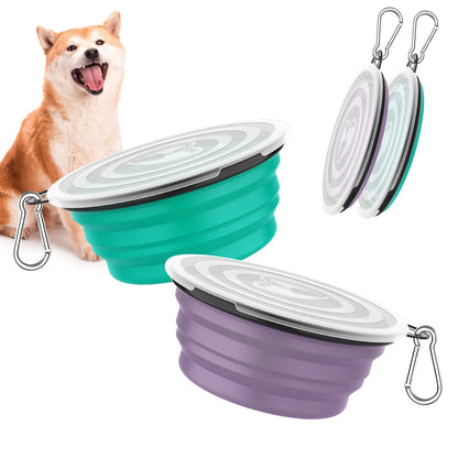 Pawaboo Collapsible Dog Bowls 2 Pack, Silicone Feeding Watering Bowls with Lids & Carabiners for Dogs Cats, Portable Collapsable Water Feeder Food Bowl for Walking Traveling Home Use, VioletTurquoise