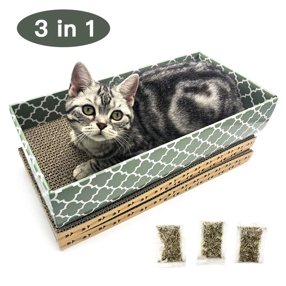 Cat Scratcher Cardboard Scratching Pads Scratch Lounge Bed with Catnip 3PCS Reversible Corrugated Cardboard with Scratch Box