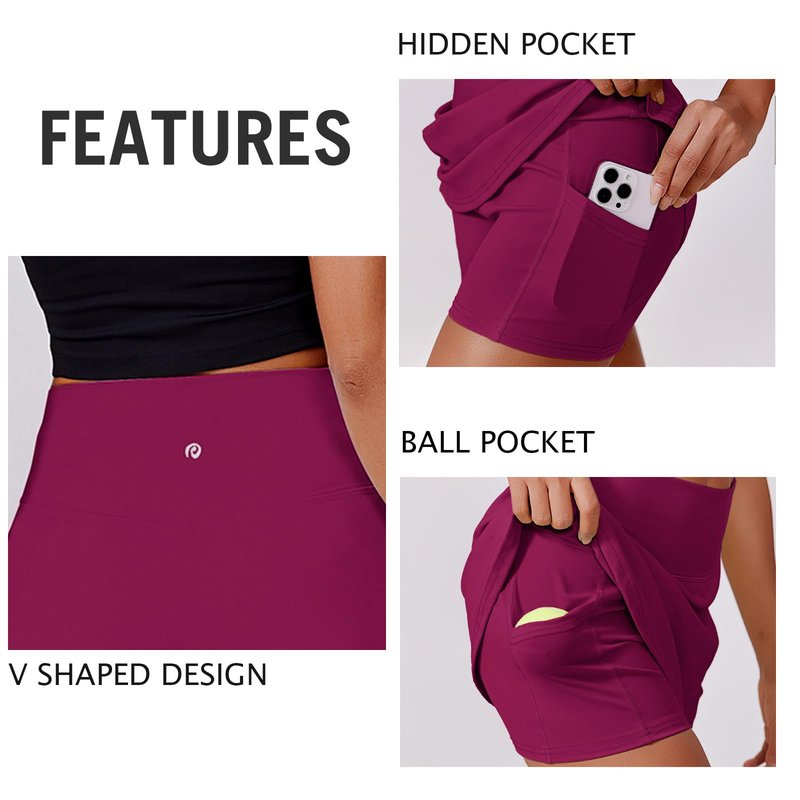 PINSPARK Women Tennis Skirts High Waisted Athletic Skorts Quick Dry Golf Skirt Lightweight Workout Skort with Pockets Shorts, Berry Red XL