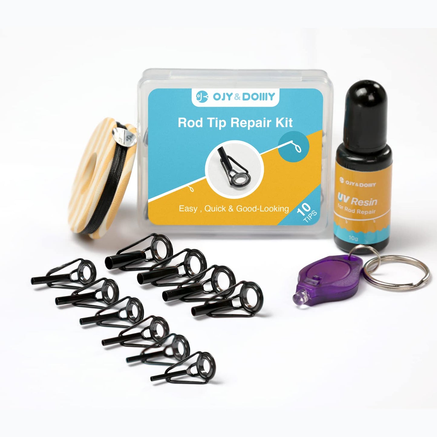 OJYDOIIIY Fishing Rod Tip Repair Kit with Glue, Complete Repalcement Parts Kit with UV Cured Adhesive and 10 Rod Tips