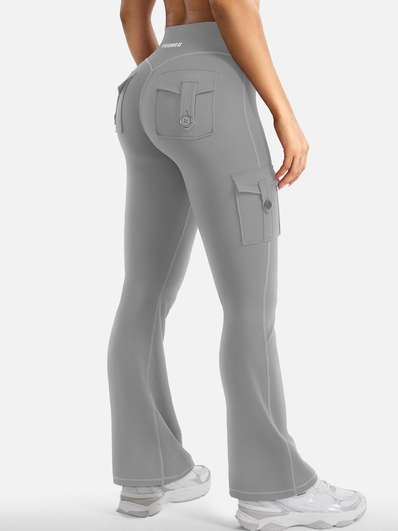 YEOREO CoreFlex Women Workout Flare Leggings with Pockets Scrunch Cargo Gym Yoga Leggings Light Gray XXL