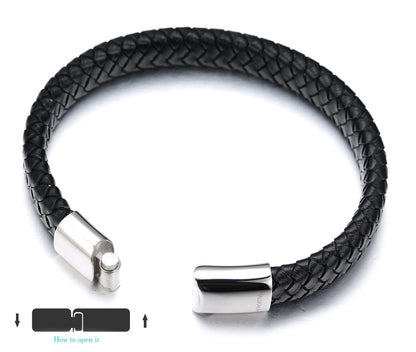 HALUKAKAH Kids ● Solo Junior ● Boy's Genuine Leather Bracelet Classic Black 6-12 Y/O. Titanium Magnetic Clasp 7"/18cm,Free Giftbox