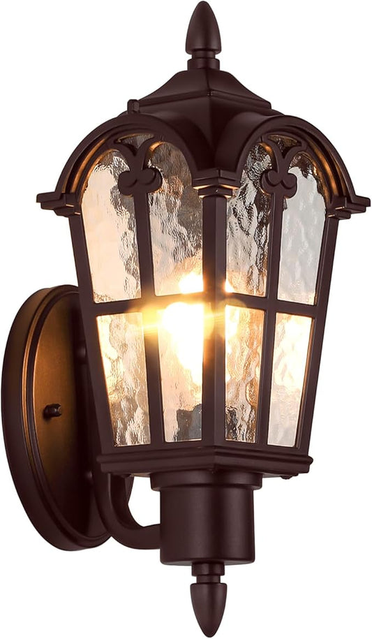 Sucolite Large Size Outdoor Wall Light Fixtures, Brown Exterior Lighting Fixtures Porch Sconces Waterproof, Vintage Outside Wall Sconces with Water Ripple Glass for House Front Door Garage, 1 Pack