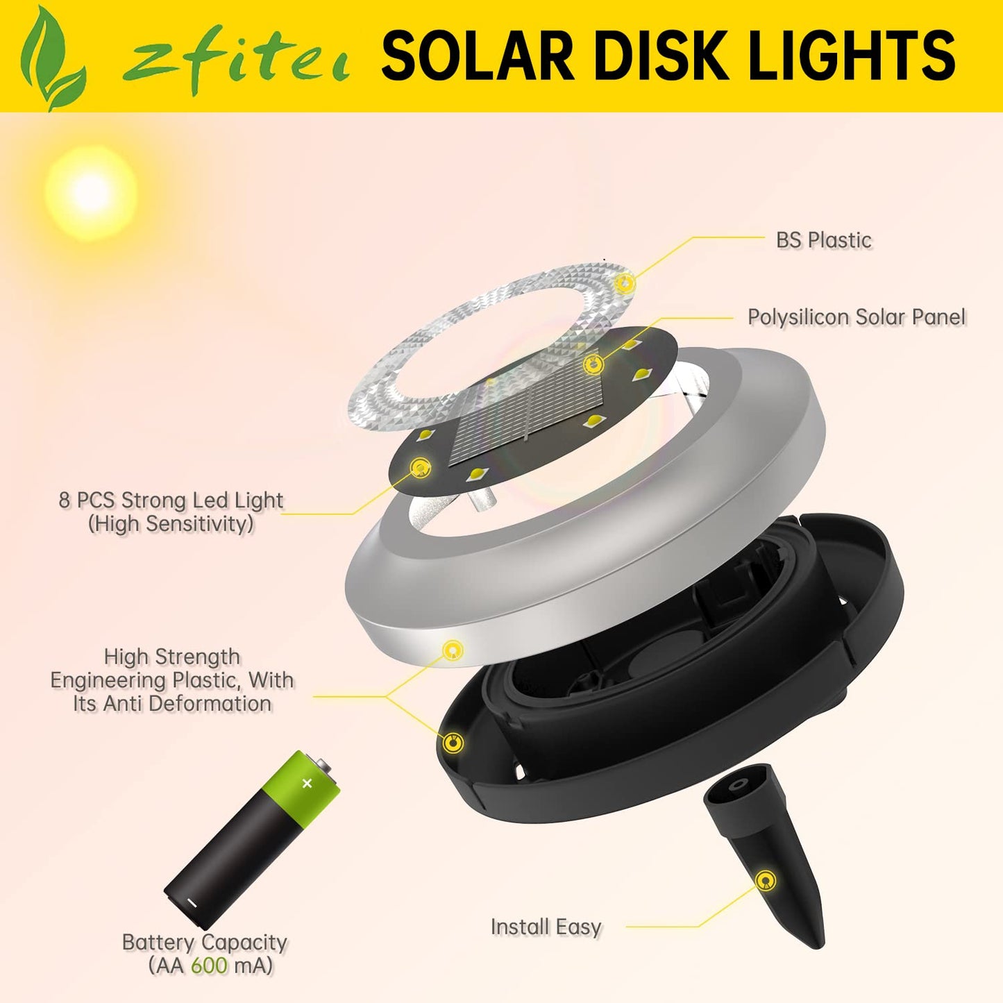 ZFITEI 8 Pack Solar Ground Lights Outdoor,8 LED Solar Garden Lights with 600mAh Battery & 8H Runtime for Lawn,Pathway（Warm White ）