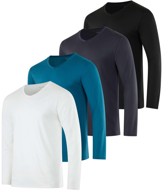 Real Essentials 4 Pack: Men's Dry Fit Long Sleeve V-Neck Active T-Shirt - Athletic Outdoor UPF 50+ - Set 7,XXL