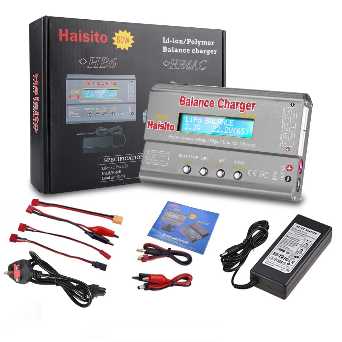 Haisito Lipo Charger, 80W 6A Balance Charger for LiPo Li-ion LiFe NiCd NiMh Pb, Multi-functional Intelligent Charger, RC Hobby Battery Balance Charger LED W/AC Power Adapter