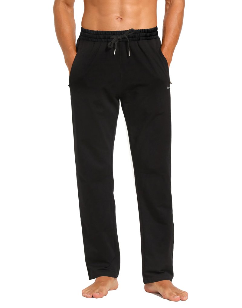 Men's Sweatpants Cotton Yoga Pants Casual Jersey Pants for Men Open Bottom Straight Leg with Zipper Pockets BK Large