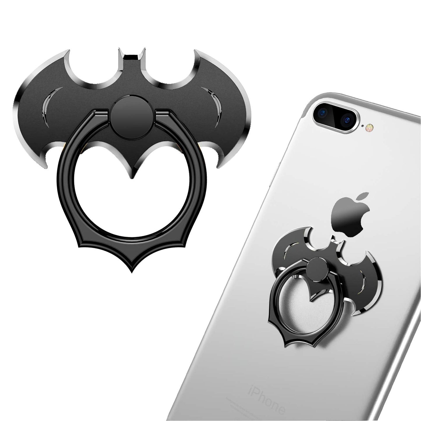 Bat Phone Ring Stand Holder - OATSBASF Cell Phone Ring Holder Finger Grip 360 Degree Rotation Compatible with iPhone 16/15/14/13/12 Pro Max and Other Smartphones（Black+Silver）
