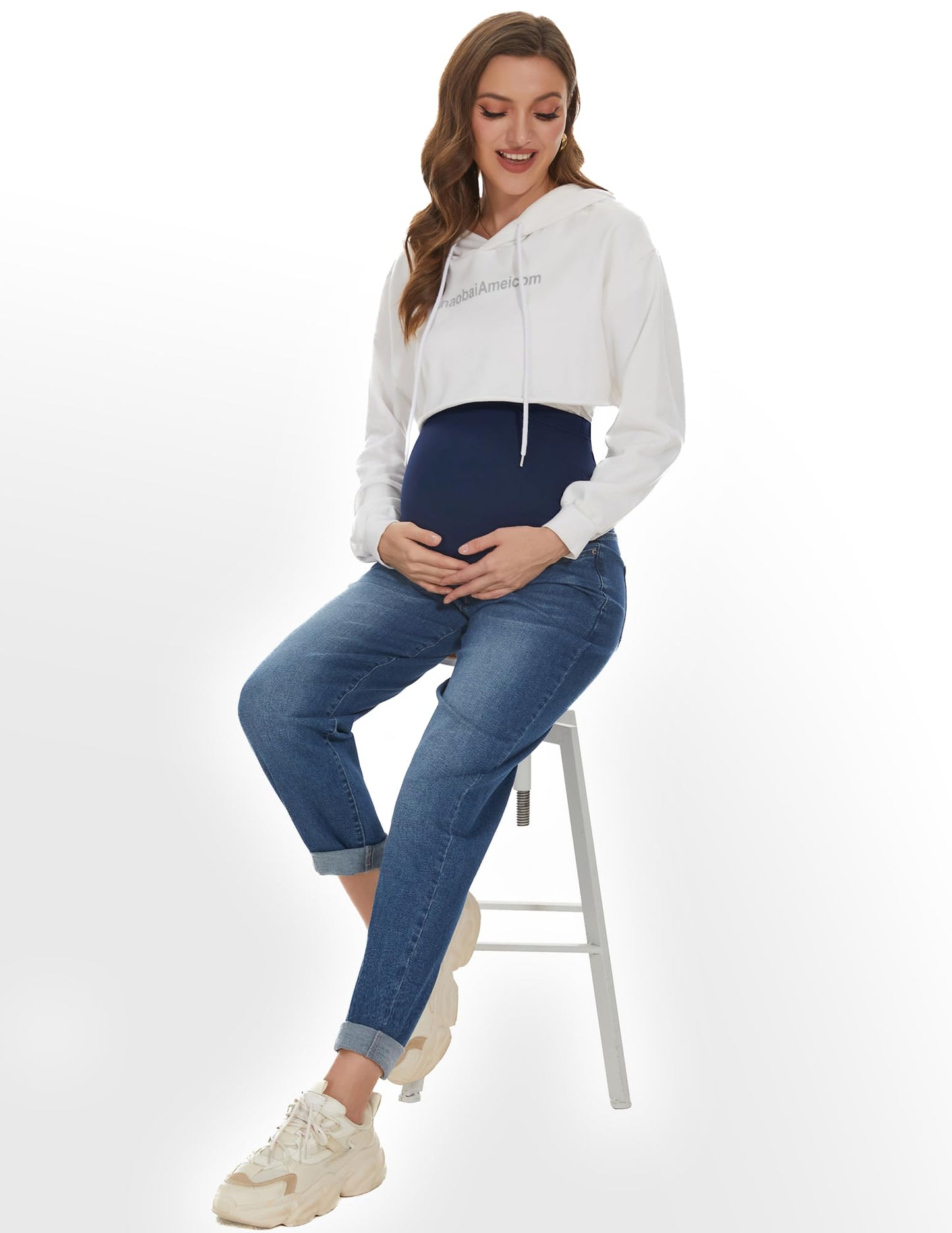 POSHGLAM Women's Maternity Jeans Over Belly Comfy Stretch Boyfriend Jeans Loose Pregnancy Pants, S-XXL, A02 Dark Blue, XL