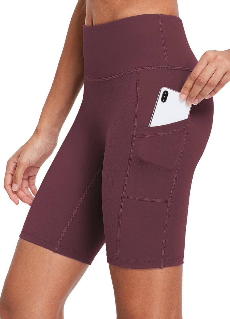 baleaf Biker Shorts Women Yoga Gym Workout Spandex Running Volleyball Tummy Control Compression with Pockets Soft 8" Wine Red L
