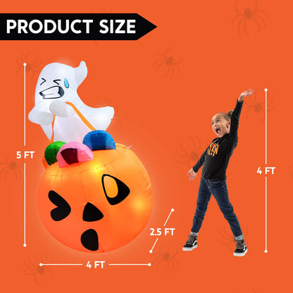 Joiedomi 5 FT Tall Halloween Inflatables Outdoor Decorations, Inflatable Cute Ghost Halloween Decor Outdoor, Blow Up Ghost Lift Pumpkin Candy Bag with Build-in LEDs for Yard Decorations