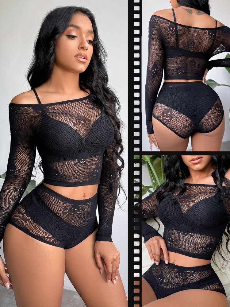 Buitifo Womens Lingerie Set Fishnet Babydoll Bodysuit Sexy Nightwear Skull Halloween Costume (Black,One Size)