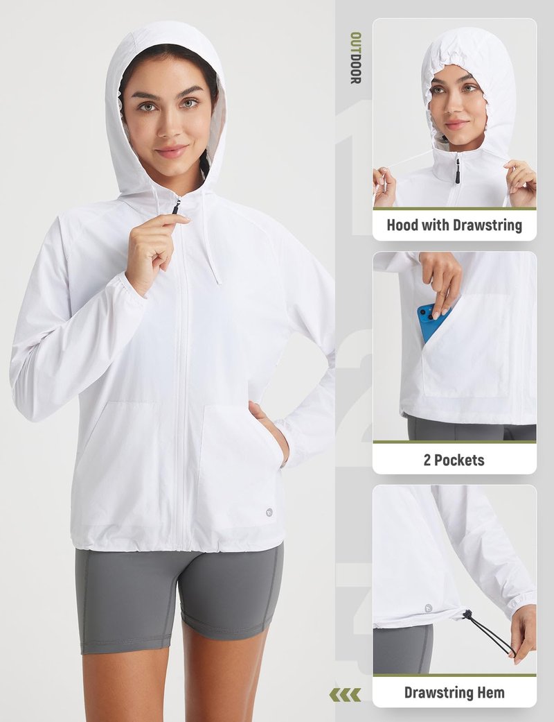 baleaf Women's Sun Jackets No Insert Lightweight Hiking Hoodie UPF 50+ Workout Mosquito Clothes Long Sleeve UV with 2 Pockets White M
