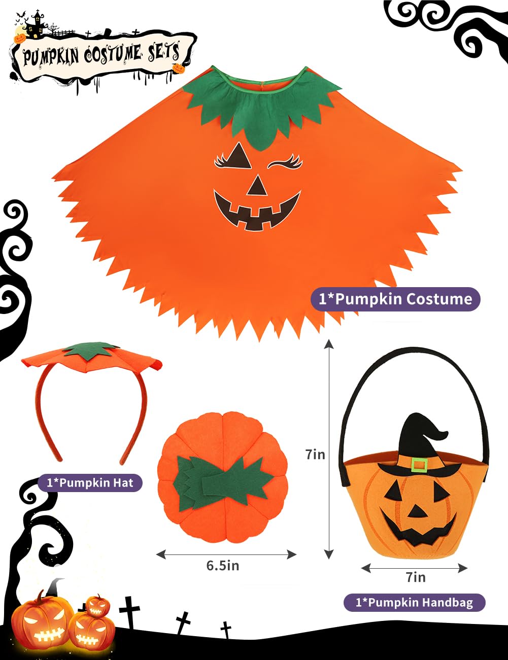 qqpouc Pumpkin Costume for Women Kids，Glow in the Dark Adult Halloween Pumpkin Poncho/Headband/Candy Bags