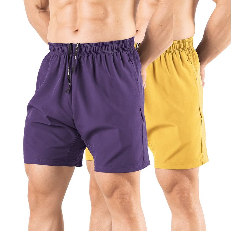 Gaglg Men's 5" Athletic Shorts 2 Pack Quick Dry Athletic Workout Gym Shorts with Zipper Pockets Yellow/Purple,Small