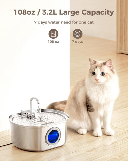 Cat Water Fountain Stainless Steel: 108oz/3.2L Cat Fountain for Drinking- Pet Water Fountain for Cats Inside - Automatic Cat Water Dispenser Bowl - Cat Feeding & Watering Supplies - Water Level Window