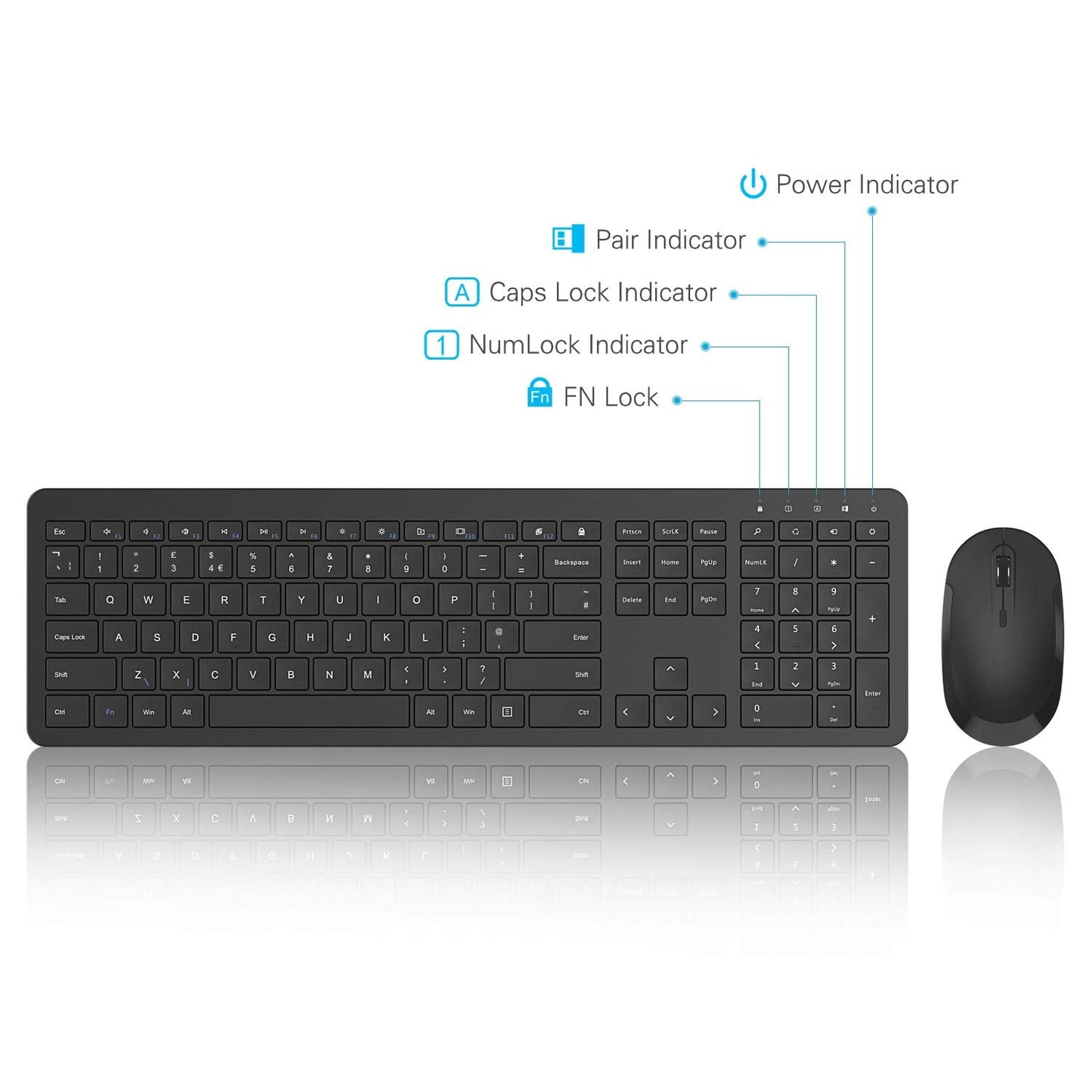seenda Wireless Keyboard and Mouse Set, SK38 Ultra Slim Quiet USB Wireless Keyboard and Mouse Full Size QWERTY UK Layout with Numeric Keypad for Windows PC, Laptop, Computer, Black