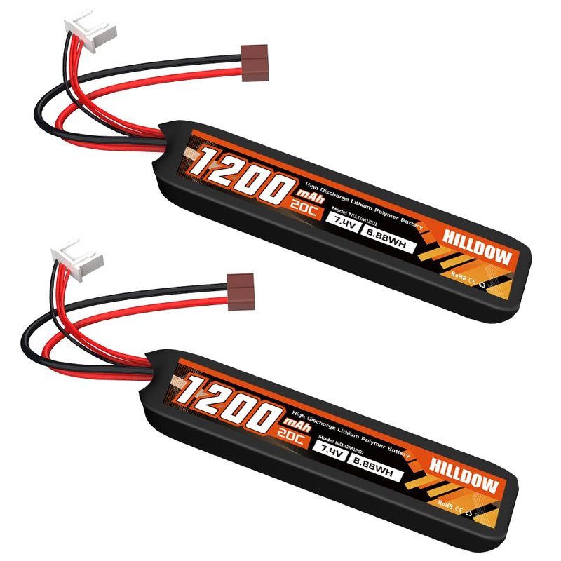 Hilldow 7.4V Lipo Battery 1200mAh 2S Rechargeable 20C Airsoft Battery with T Plug Pack Battery for Airsoft Guns Model Rifle
