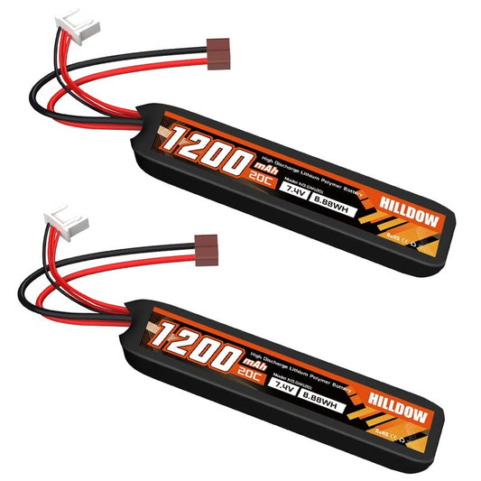 Hilldow 7.4V Lipo Battery 1200mAh 2S Rechargeable 20C Airsoft Battery with T Plug Pack Battery for Airsoft Guns Model Rifle