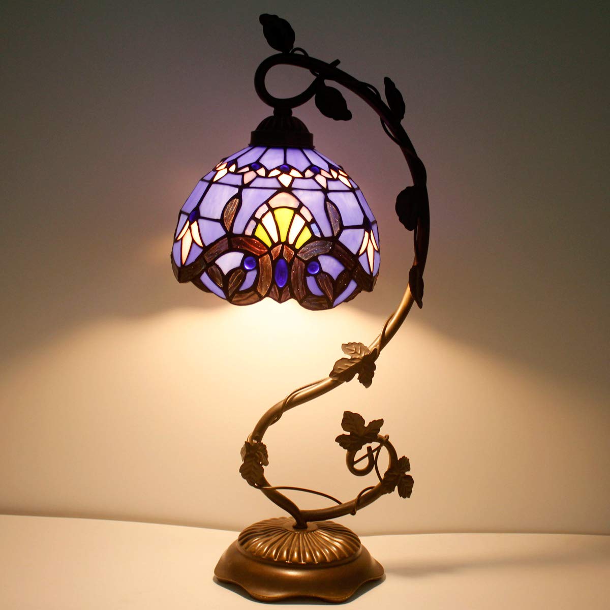 WERFACTORY Tiffany Table Lamp Blue Purple Stained Glass Baroque Style Reading Desk Light, Metal Leaf Base 8X10X21 Inches Decor Small Space Bedside Bedroom Home Office S003C Series