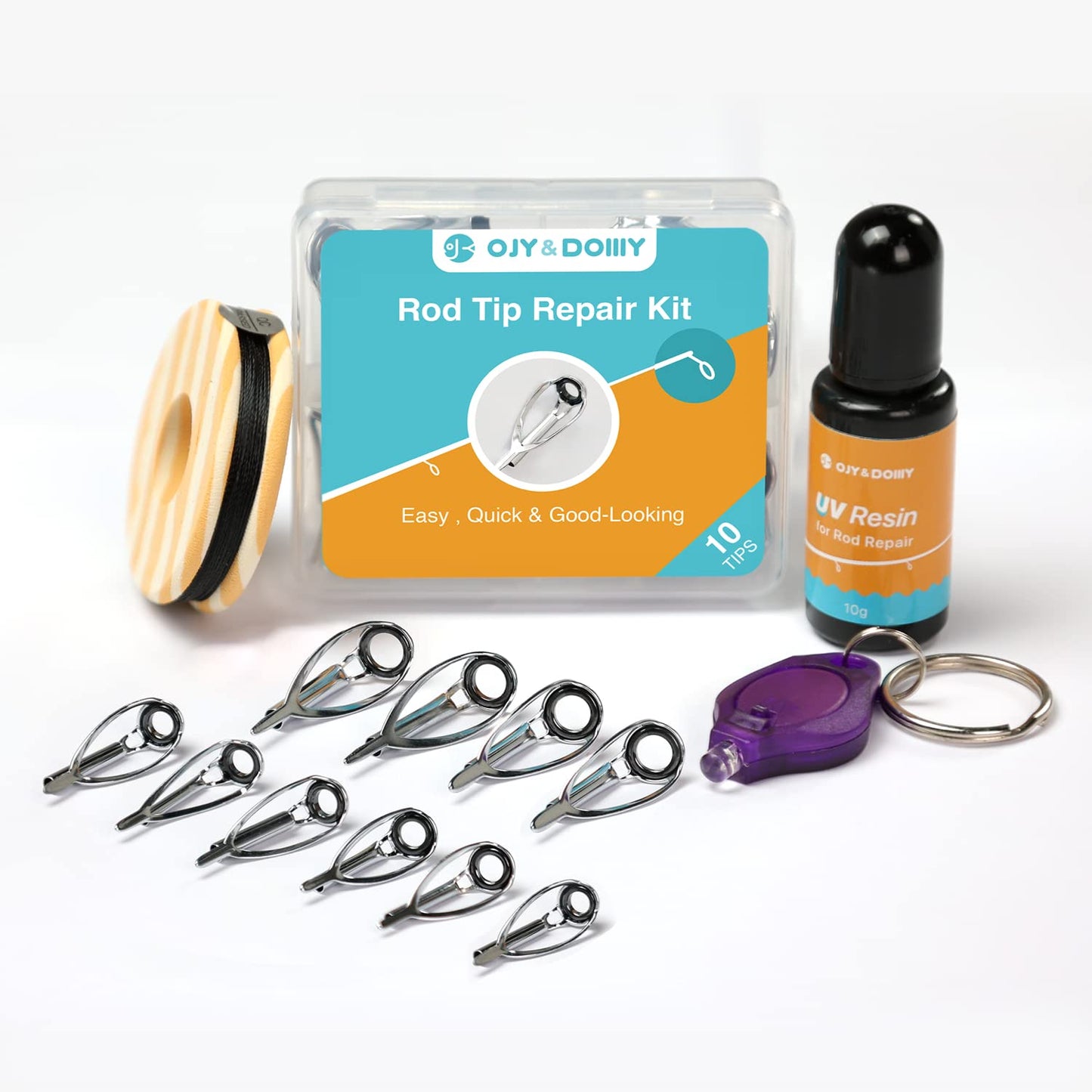 OJYDOIIIY Fishing Rod Tip Repair Kit with Glue, 10 Tangle Free Stainless Steel Rod Tip Eyelets Replacement Parts with UV Curable Resin Finish