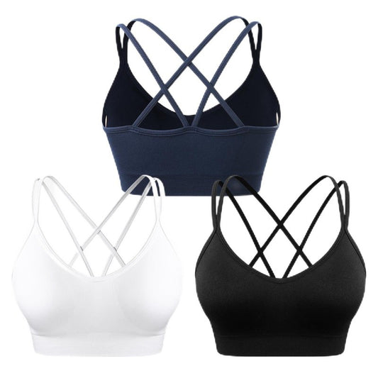 WANAYOU Sports Bras for Women, Cross Back Strappy Medium Impact Sports Bras Padded Wireless Seamless Spaghetti Strap Workout Bra for Athletic Exercise Fitness 3 Pack Black White Navy Blue Large