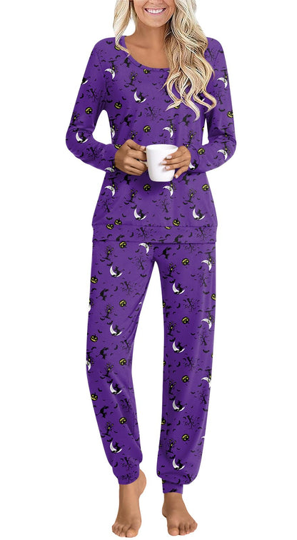 HOTGIFT Womens Pajamas Sets, 2 Piece Lounge Pjs Set Long Sleeve Long Pant Ladies Sleepwear with Pockets Halloween Purple Medium