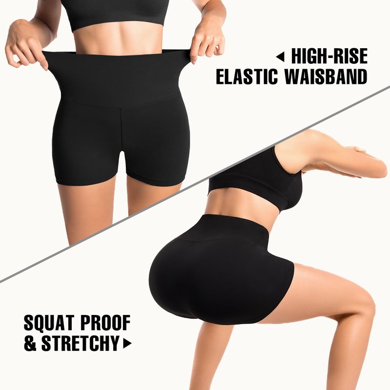 Leafigure 2 Pack Womens Biker Shorts with Pockets - 4" High Waisted Yoga Gym Running Workout Booty Shorts Black/Black L-XL
