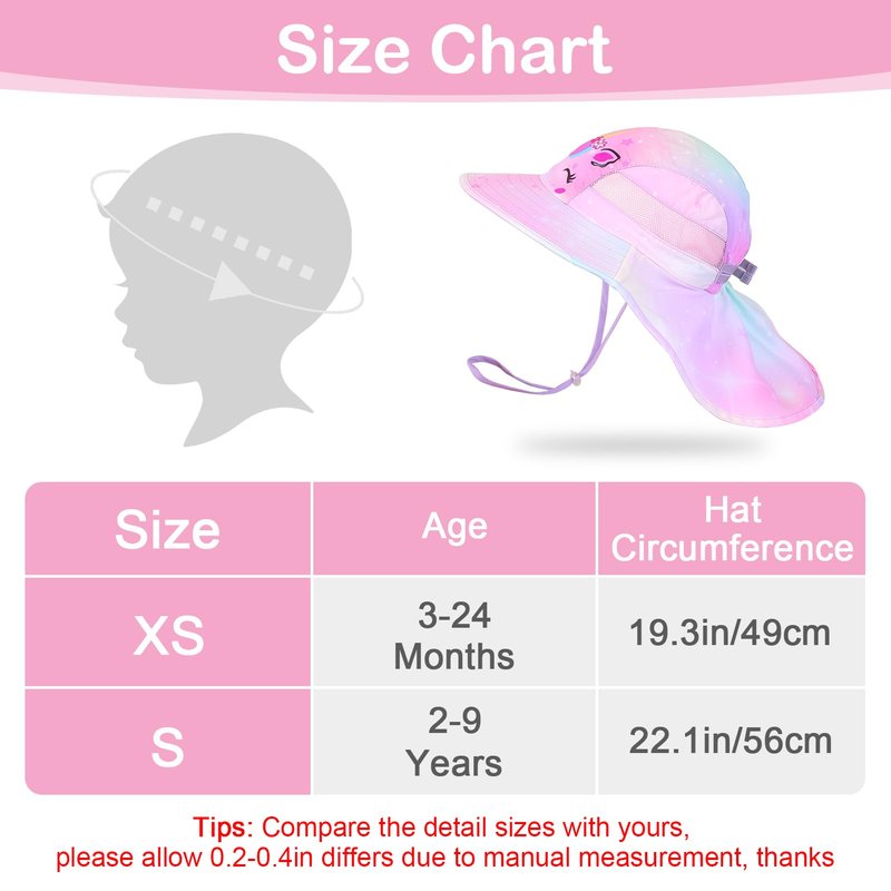 Kids Sun Hat UV Protection Summer Beach Play Hats Wide Brim Neck Flap for Girls Boys 2-9 Years, Pastel Pink Yellow