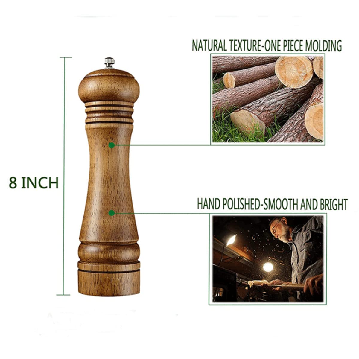 Wooden Pepper Mill Pepper Grinder Kit Manual Mills Solid with Strong Adjustable Ceramic Grinders Set 8 Inches
