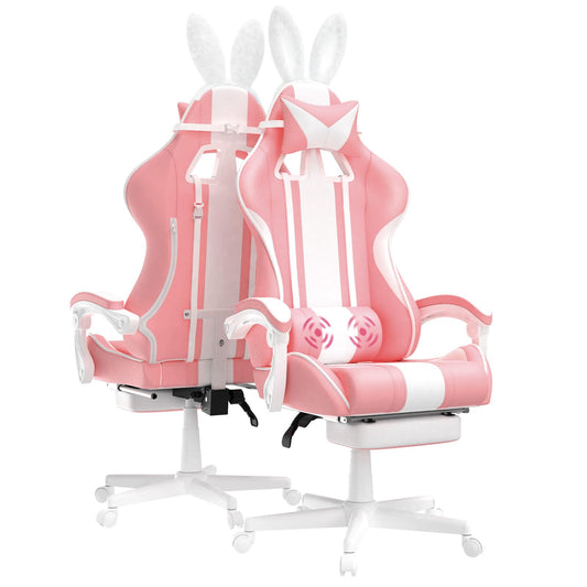 Ferghana Kawaii Pink Gaming Chair with Bunny Ears, Ergonomic Cute Gamer Chair with Footrest and Massage, Racing Reclining Leather Office Computer Game Chair 250lbs for Girls Adults Teens Kids