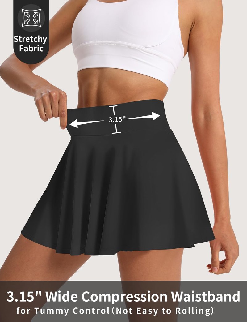 CHALLMOTI Women's Pleated Tennis Skirt Golf Skorts for Woman High Waisted Tummy Control Athletic Skirt with Pockets Black M