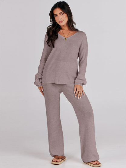 ANRABESS Women 2 Piece Outfits Sweater Lounge Sets Long Sleeve Cable Knit Pullover and Wide Leg Pants Tracksuit Matching Set Medium