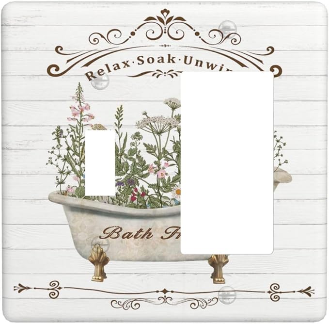 Rustic Farmhouse Wooden Board Botanical Flower 2 Gang Combination Light Switch Cover Decorative Toggle Rocker/Decora Wall Plate Electrical Faceplate for Bathroom Kitchen Home Decor