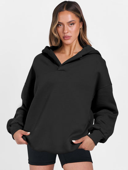 ANRABESS Womens Oversized Hoodies V Neck Sweatshirts Fleece Long Sleeve Pullover Y2K Clothes 2025 Fall Trendy Outfits Black L