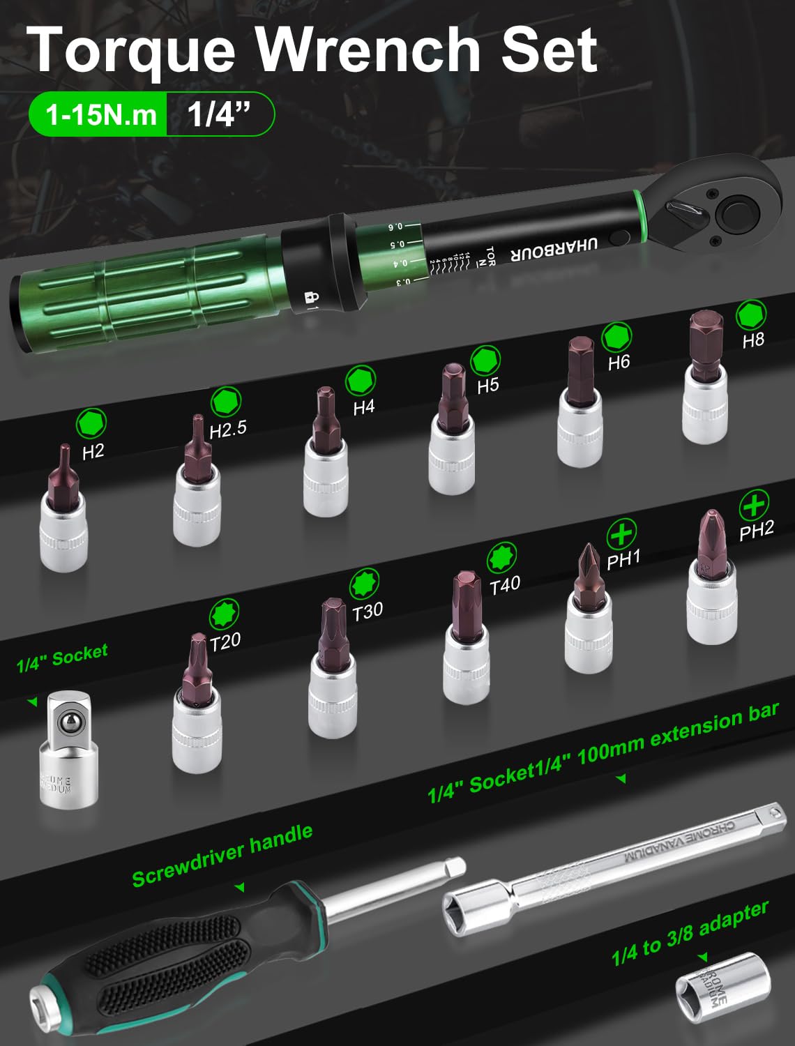Uharbour 1-15 Nm Torque Wrench Set for Bicycles, 1/4 Torque Wrench, Bicycle Torque Wrench Set with Bits, Screwdriver Handle and Extension Rod for Bike, ±3% Error Accuracy