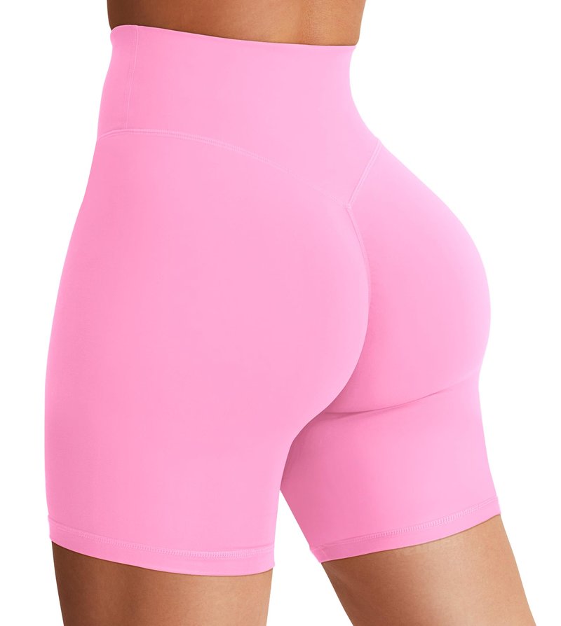 YEOREO Women's Biker Shorts 4.5" / 6" Workout Gym Shorts High Waist Tummy Control Hidden Scrunch Running Yoga Bubblegum Pink