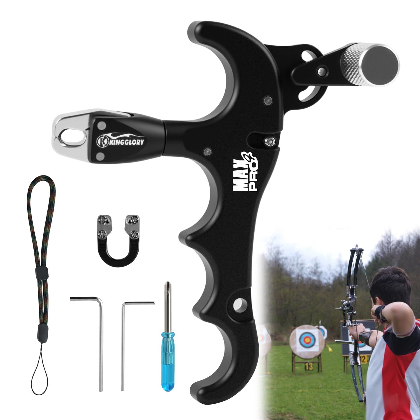 Ruirgo Thumb Release Bow Aid for Compound Bow, 360° Rotatable Archery Release Aid, Adjustable Trigger & Length, Ambidextrous for Adults Hunting & Target Practice, Silver