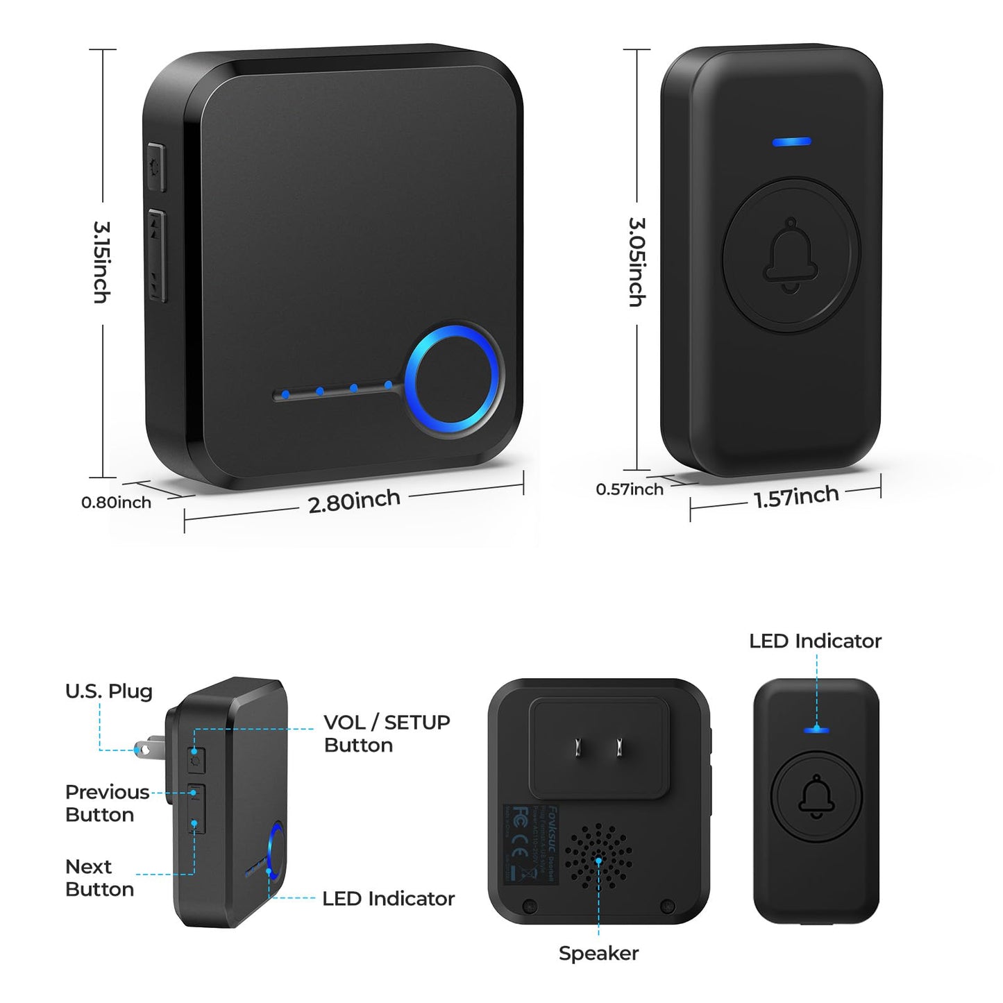 Wireless Doorbell, Waterproof Door Bell with 60 Chimes, 5 Levels Volume and LED Flash, 1000ft Long Range Classroom Doorbell for Home Office Hospital (2 Receiver & 1 Button, Black)