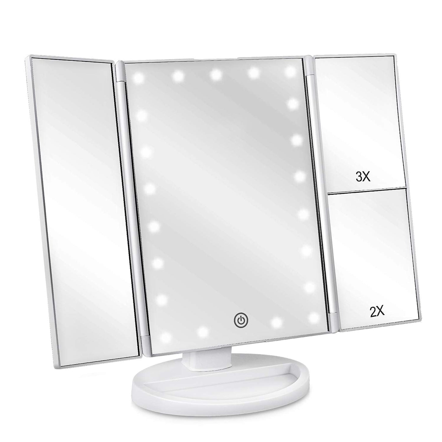deweisn Dresser Mount Tri-Fold Lighted Vanity Mirror with 21 LED Lights, Touch Screen and 3X/2X/1X Magnification, Two Power Supply Modes Make Up Mirror,Travel Mirror