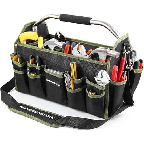 20In Electrician Tool Bag, Foldable Bags For Men Heavy Duty, Open Top Tool Tote, 30 Pockets Can Hold Many fittings, Organizer Stainless Steel Handle and Removable Shoulder Strap