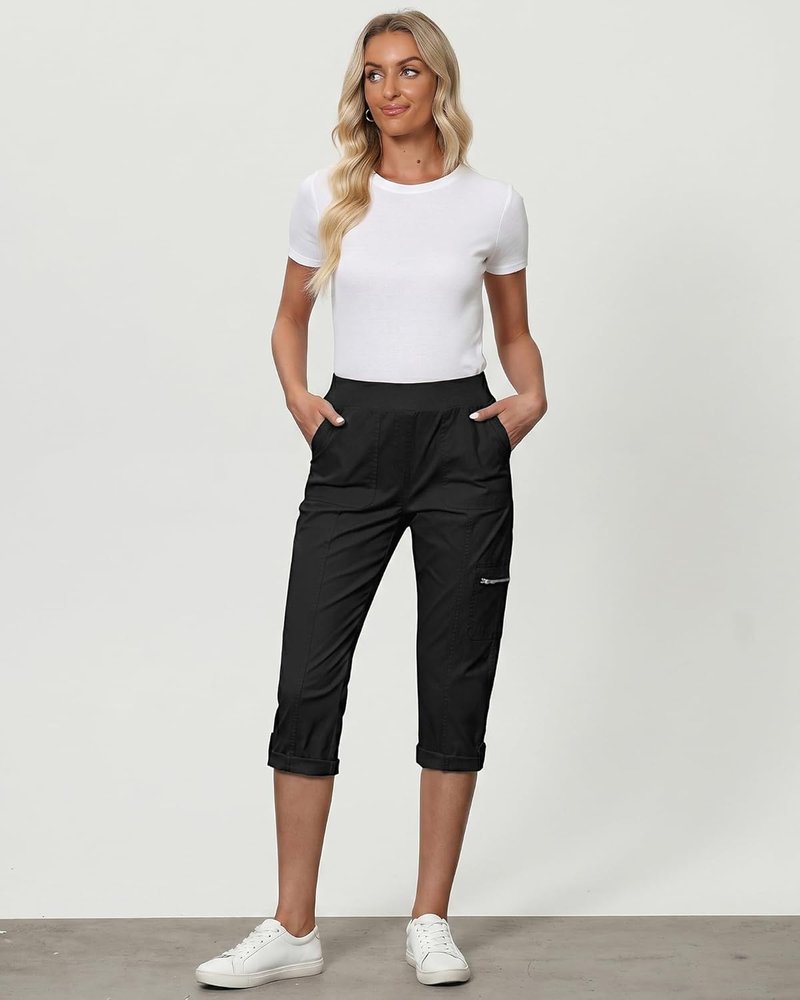 Capri Cargo Pants for Women - High Waisted Stretch Twill with Pockets | Comfortable Fit