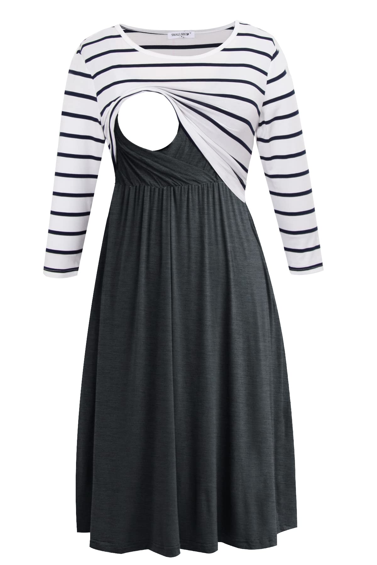Smallshow Nursing Dresses 3/4 Sleeve Maternity Breastfeeding Dress for Women White Stripe-Deep Grey S