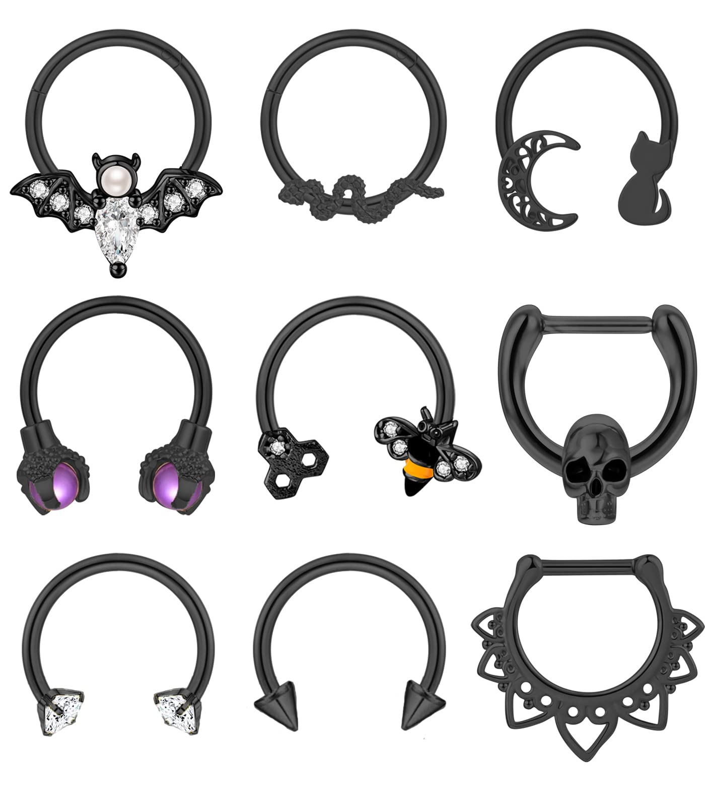 LOREMOW 9 PCS 16G Stainless Steel Horseshoe Septum Rings for Women Cartilage Helix Tragus Earrings Daith Earrings Hoop Snake Bat Gothic Piercing Jewelry B